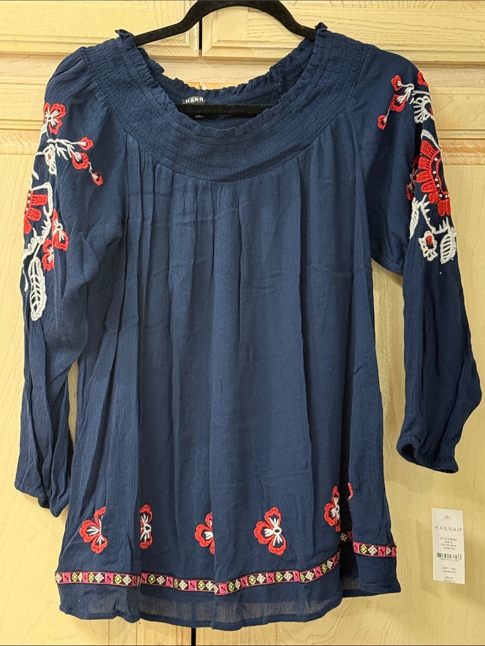 Hannah Navy Tunic Top with Red and White Floral Embroidery